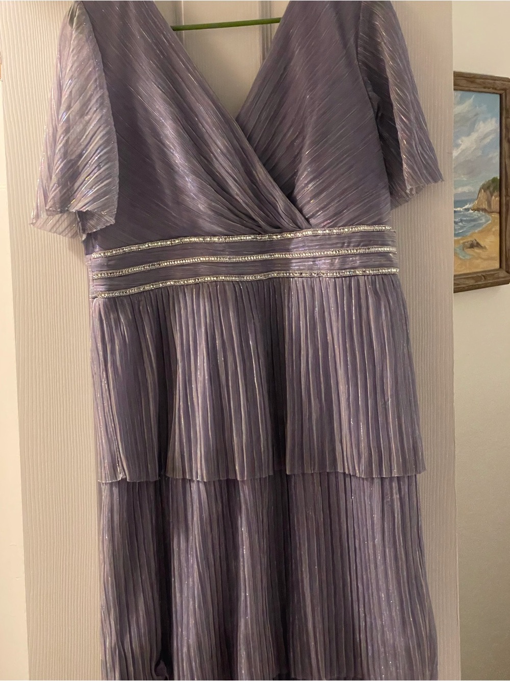 R&M Richards Lavender Metallic Pleated Midi Dress with Beaded Waistband